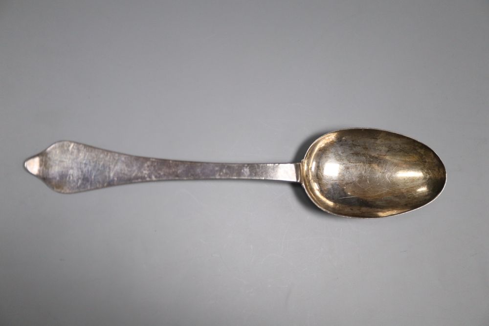 An early 18th century silver dog nose rat tail spoon, indistinct marks, maker, William Scarlett, circa 1705, 19.2cm, 38 grams.